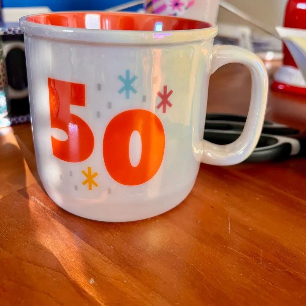 Hallmark 50th Retro Birthday Mug, Pearlescent White and Orange, Coffee Mug